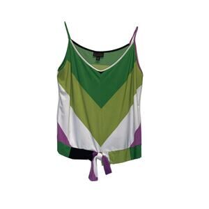 Vtg 90s Worthington Geo Rainbow Top sleeveless spandex stretch Tie Sz petite L